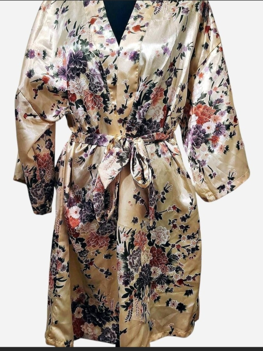 Satin Floral Kimono Robe - Gold
